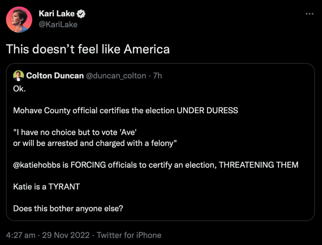 Integrity Matters Kari Lake certified under duress