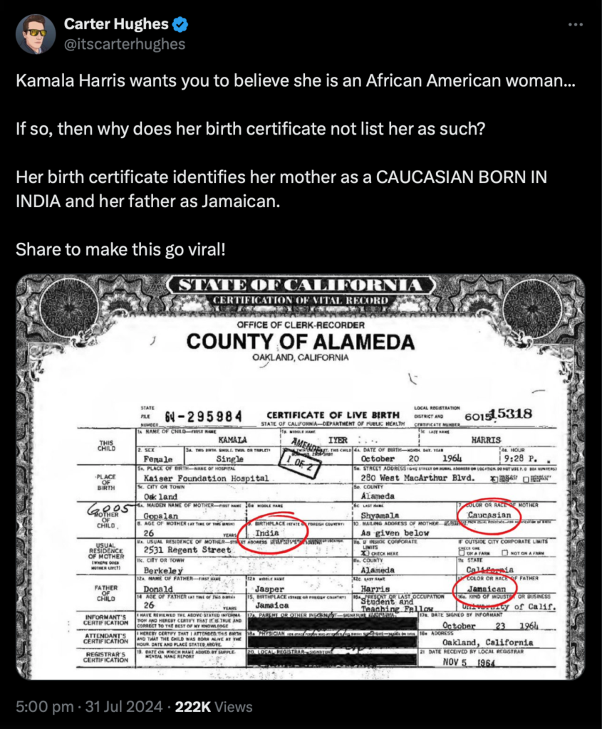 Cackling Kamala's birth certificate - Gabrielle Bourne Media