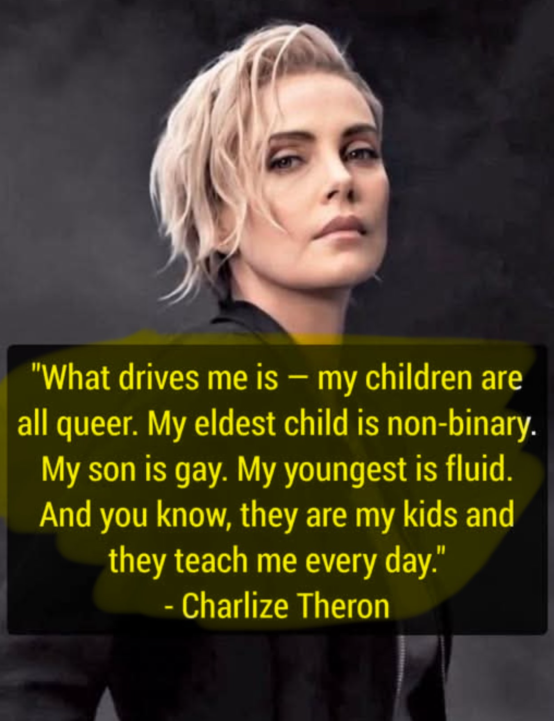 Showbiz News and Entertainment - Charlize Trans Ideology - All her kids are trans - Gabrielle Bourne Media