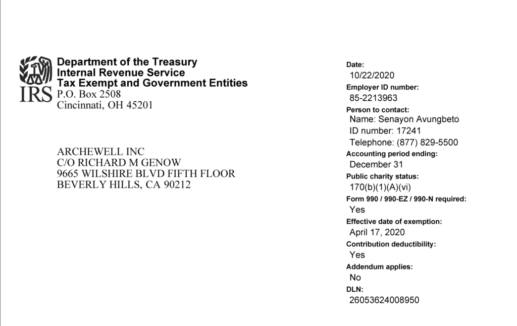 Meghan Markle Confidential - Archewell IRS Determination Letter 2020- Gabrielle Bourne Media