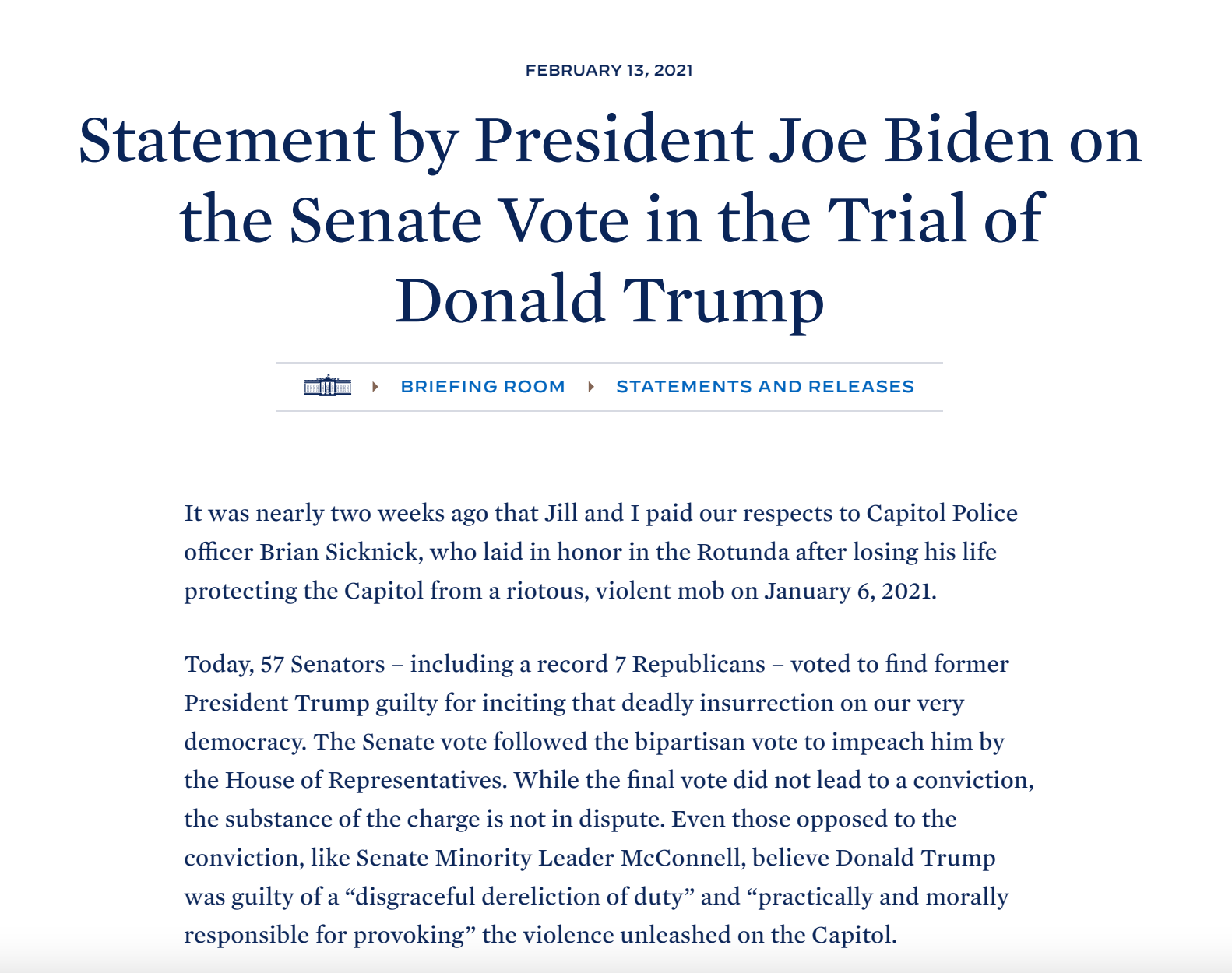 J6 Joe biden statement on Senate vote in Trial of Donald Trump - Gabrielle Bourne Medi